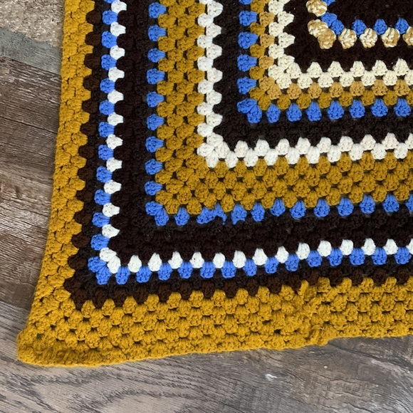 Vintage Crochet Knitted Throw Blanket | Mustard Yellow Blue & Brown Decor Colors - Picture 5 of 8